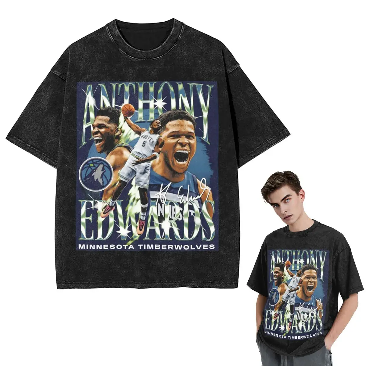 Streetwear T-Shirts Anthony Edwards Minnesota Basketball Washed T Shirt Short Sleeve Hip Hop T-Shirt Tops Tees for Men Women