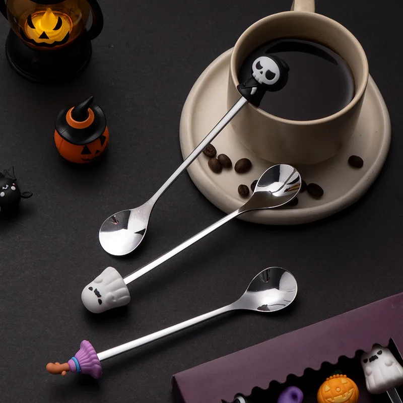 

4/6 шт., набор столовых приборов из нержавеющей стали 304, персонаж на Хэллоуин, милая десертная ложка, вилка для фруктов, детская посуда, подарочная коробка