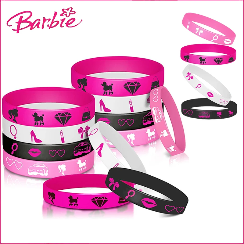 Miniso Barbie Tema Silicone Pulseira, Decoração do Partido Suprimentos, Pulseiras Rosa, Presente de Aniversário, Adulto e Criança, Moda