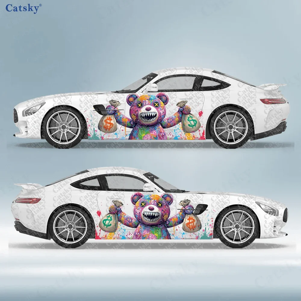 2pcs Teddy Bear Holding Money Bag Car Side Wraps, Self-Adhesive PVC Waterproof & Scratch-Resistant Stickers, Car Accessory Gift