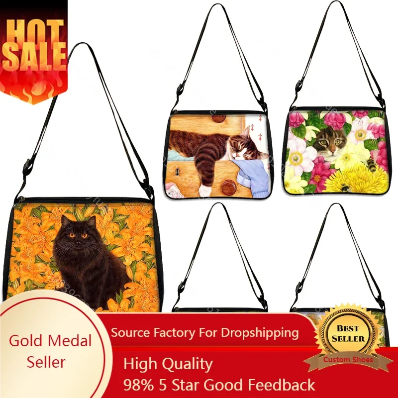 

Fashion Princess Handbags Naughty Kitten Lady Messenger Bag Girls Shoulder Crossbody Bags Oil Painting Cat Print Storage Bag