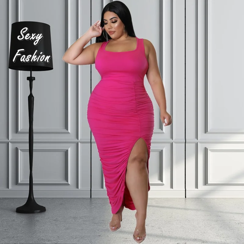 XL-4XL Sexy Dresses Plus Size Women Clothing Spring Summer 2023 Casual Halter Sleeveless Bodycon Pleated Party Female Outfits