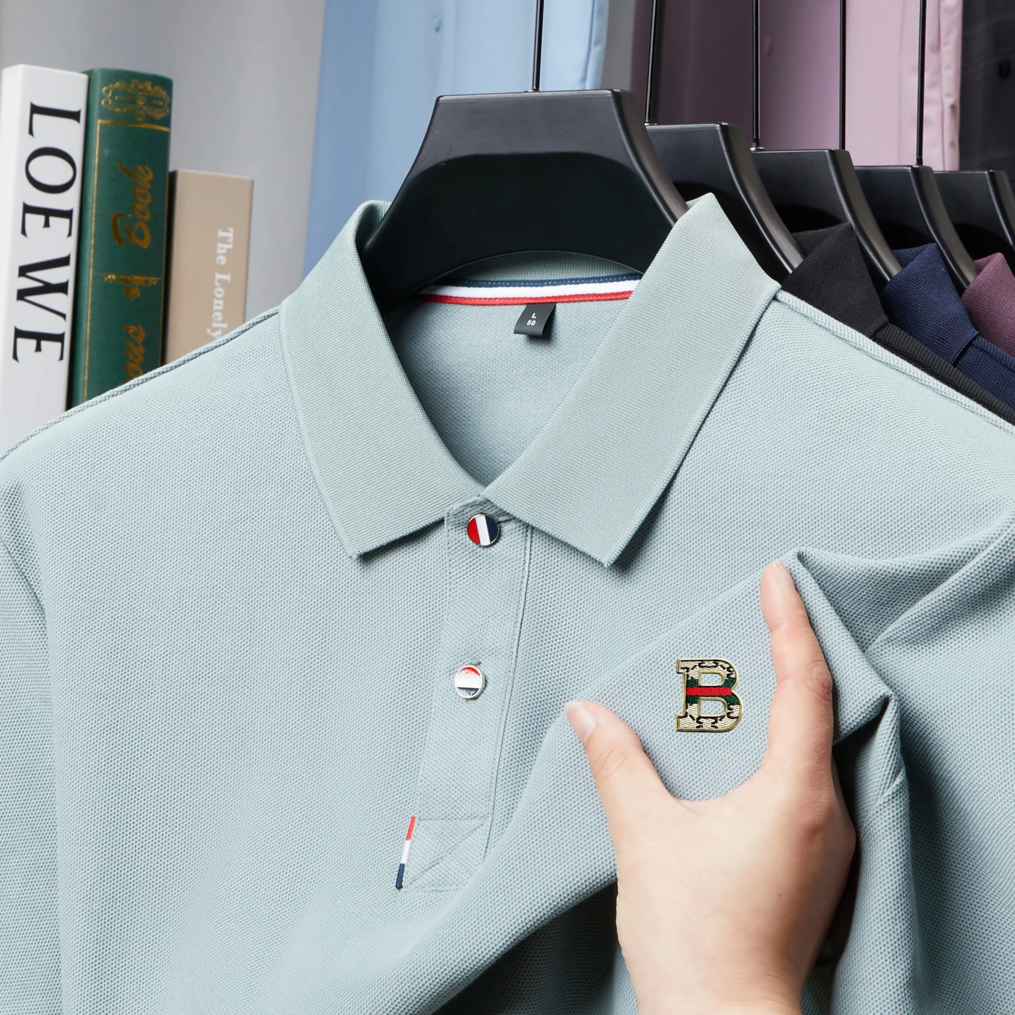 

Advanced B letter embroidered men's short sleeve T-shirt 100% cotton comfort lapel trend brand Korean style casual polo shirt