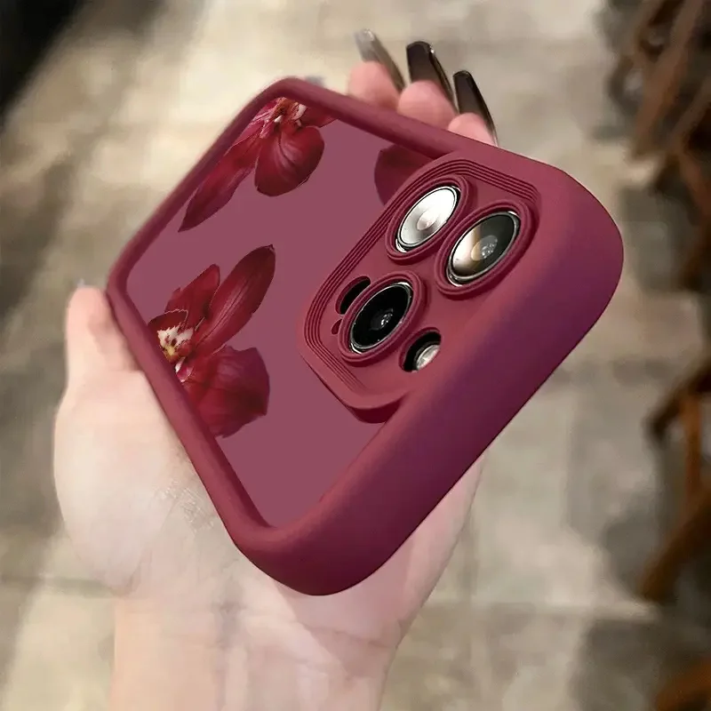 Wine Red Orchid Flower Pattern Phone Case For iPhone 11 12 13 14 15 16 Pro Max 16E XS Max XR 14 15 16 Plus Silicone Soft Cover - view 2