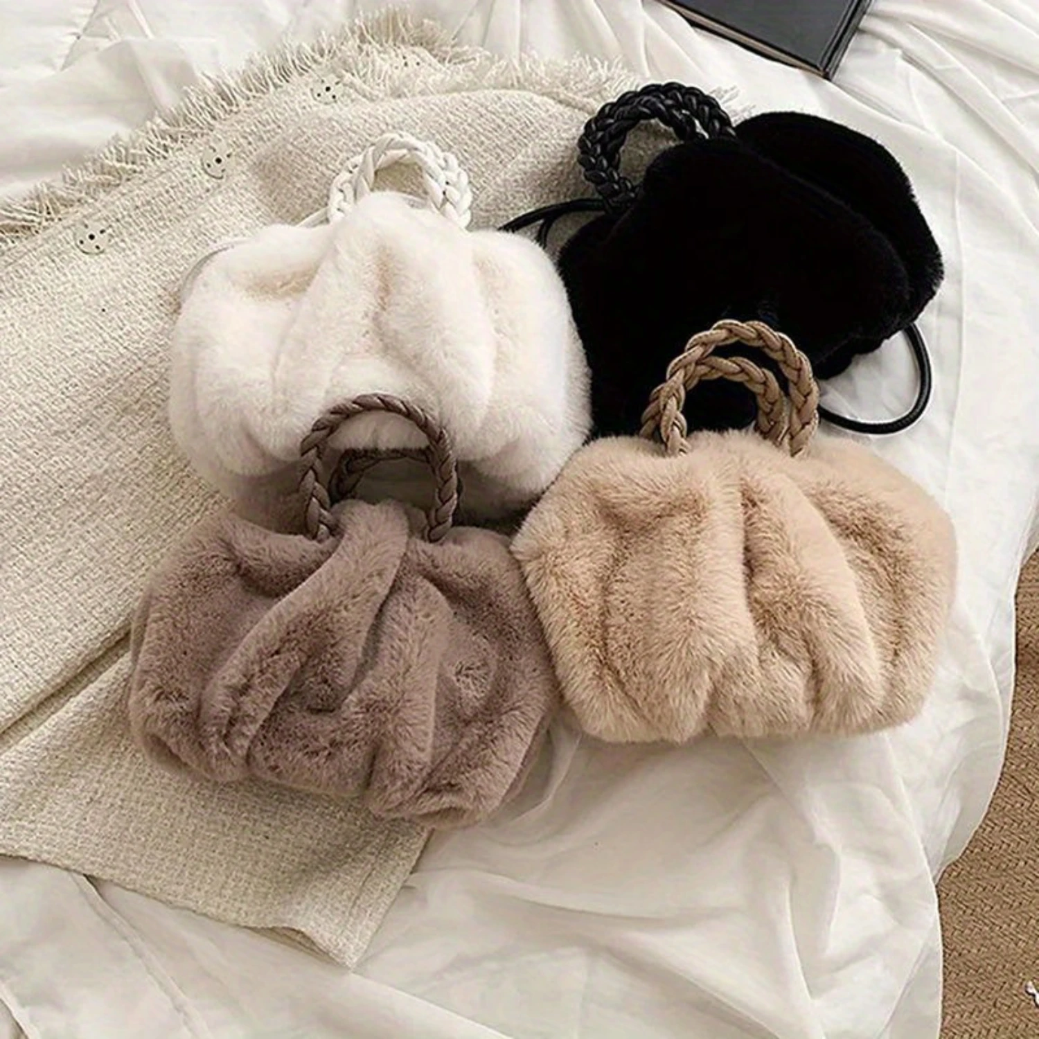 

Elegant Faux Plush Handbag | Small Fluffy Cloud Bag With Braided Handle | Chic Faux Shoulder Purse Period bag Shower bag Bogg