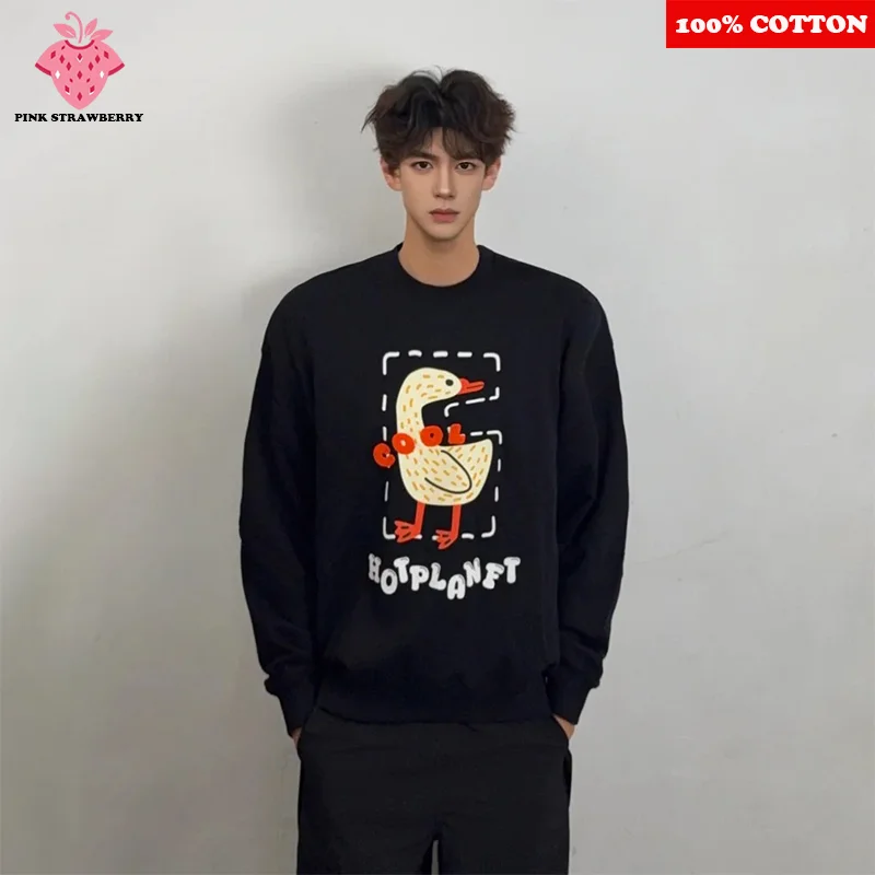 

Black Funny Cartoon Print Plush Sweatshirt Men Autumn Winter 2025 New Oversize Pullover Long sleeve Y2K Top Men Warm clothing