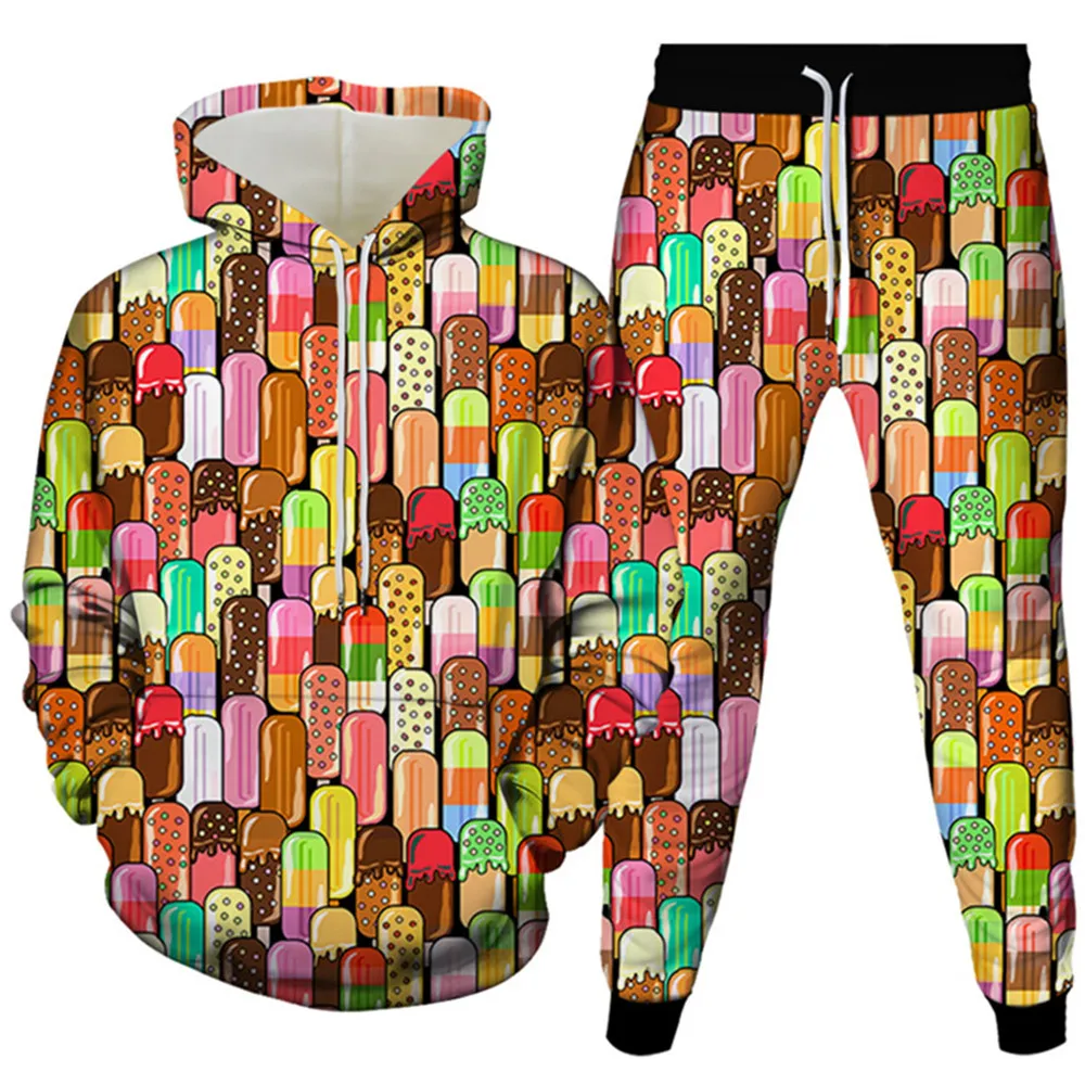 Ice Cream Retro Harajuku Style Cartoon Print Men Clothing Tracksuit Costume Homme 2 Pieces Set Hoodies Jogging Pants Size S-6XL