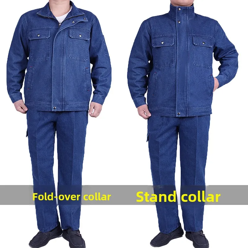 Set da Lavoro in Denim con Colletto Rialzato in Puro Cotone per Uomo, Tuta Resistente all'Usura e Anti-Scottatura per Riparatori