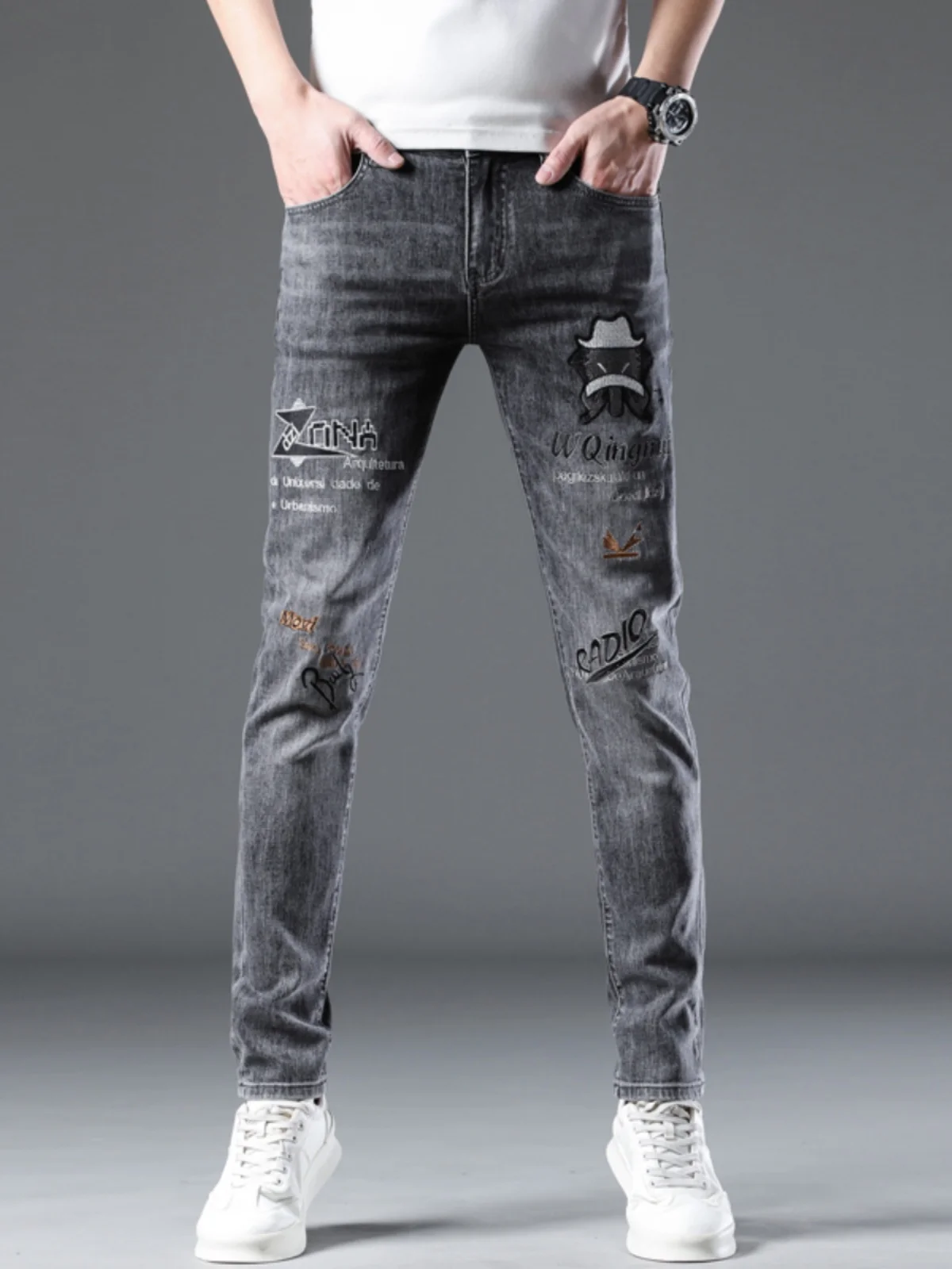 

Мужские джинсы Slim Fit премиум-класса из Гонконга с вышивкой, в европейском стиле, повседневные, универсальные, длинные брюки для весны и осени