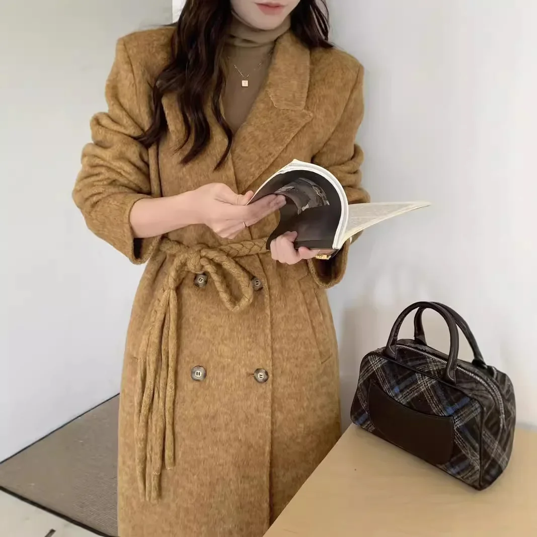 New high-end woven belt design suit double-sided wool coat woolen jacket medium and long temperament women's coat Free delivery