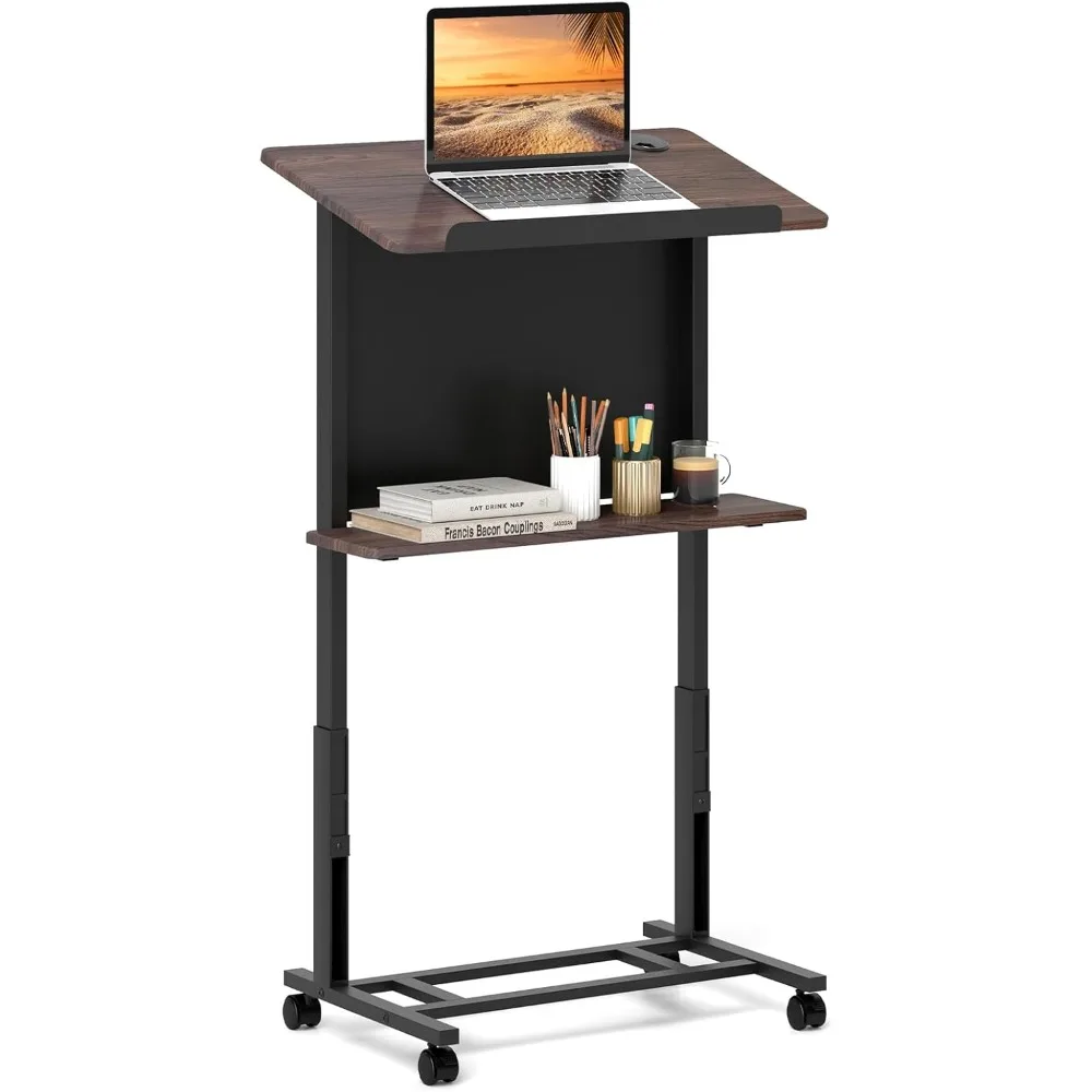 

Rolling Podium Stand, 3-Position Height Adjustable Lectern Table with Tilted Tabletop, Mobile Laptop Cart with Storage Shelf
