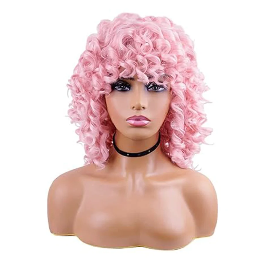 12inch Women Pink Medium Curly Synthetic Wig With Bangs, Fluffy Afro Style Heat Resistant Cosplay Full Wig