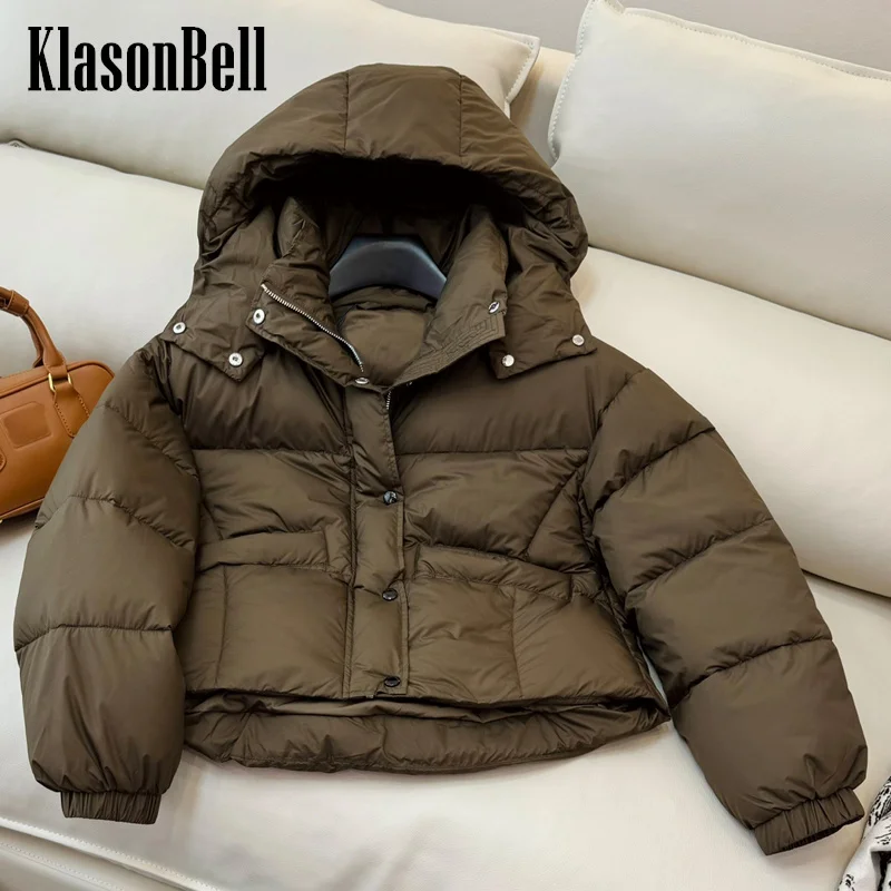 9.4 KlasonBell Women Fashion Drawstring Hat Detachable  White Goose Down Bread Jacket Double Pocket Elastic Cuff Down Coat