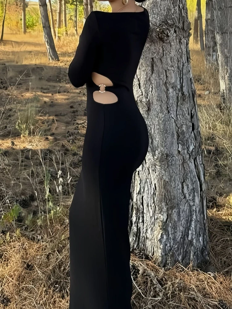 SsTss 2025 أزياء المرأة الخريف Bodycon اللباس الصلبة س الرقبة طويلة الأكمام قطع التفاصيل سليم صالح حزب ماكسي اللباس العصرية الزي