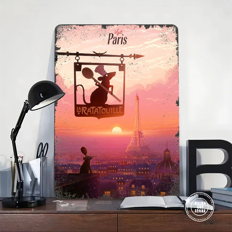 Ratatouille Visit Paris Poster Customized Wall Art Vintage Metal Signs Retro Tin Plaque for Man Cave Decoration Bedroom Decor