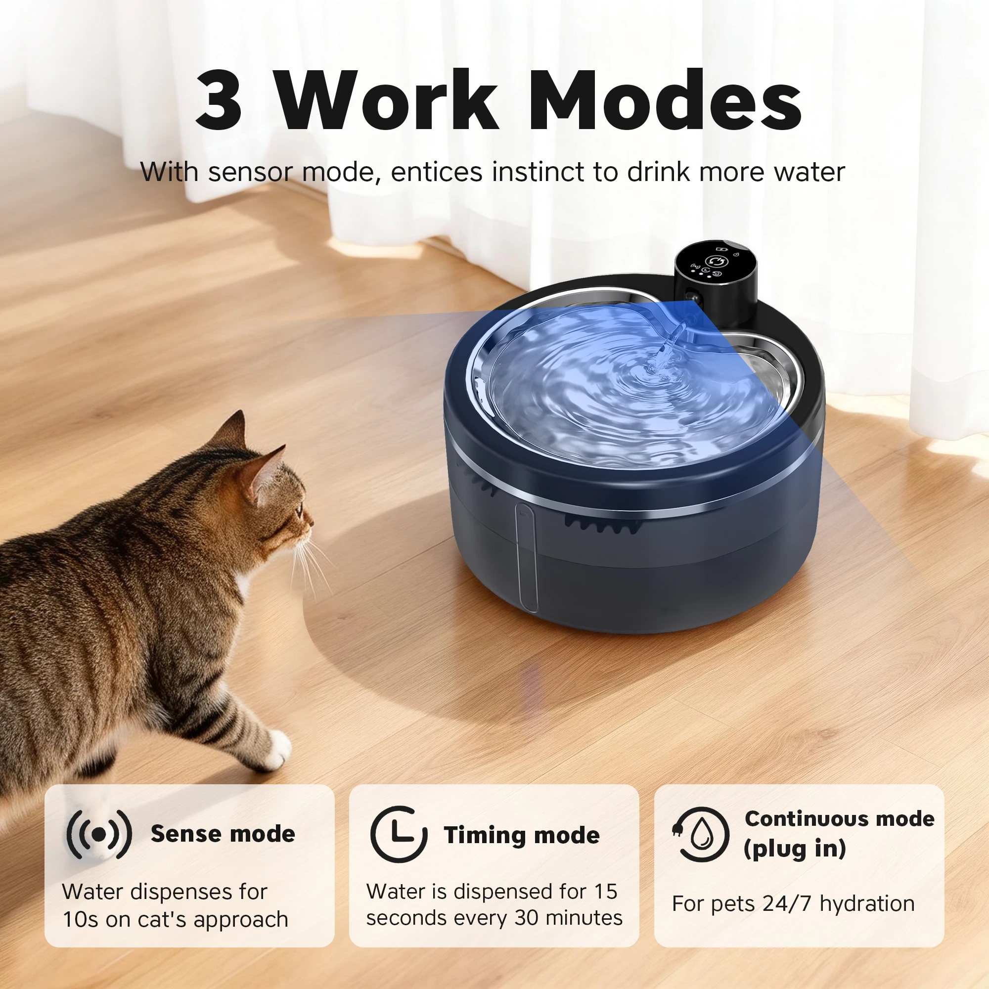 Fontaine à eau sans fil pour chat 3L, distributeur d'eau silencieux pour animaux de compagnie avec plateau en acier inoxydable et détection intelligente, batterie grande capacité 4000mAh