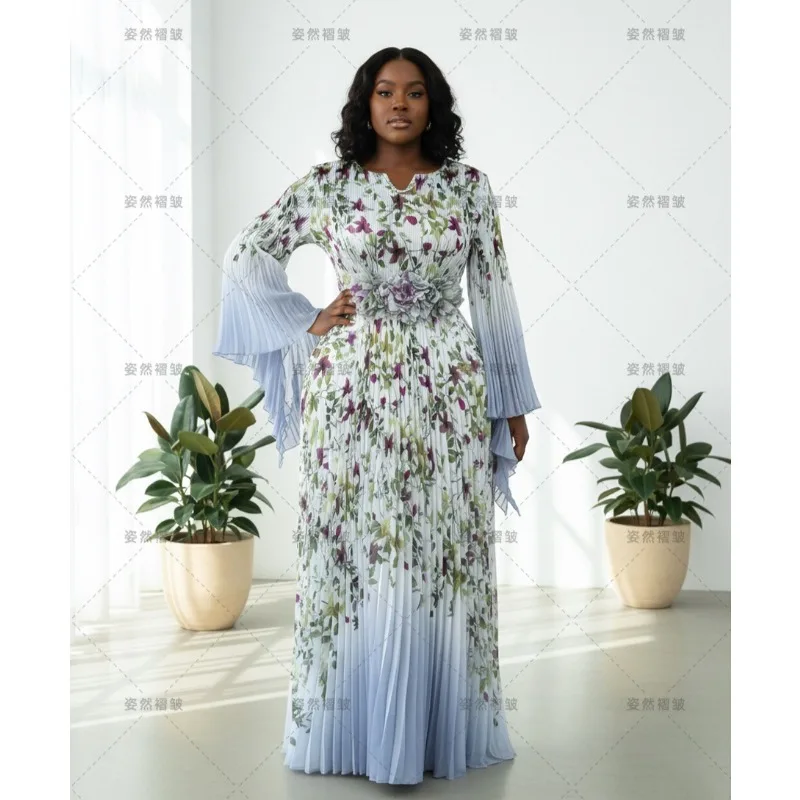 

Новые европейские плиссированные платья с длинными рукавами Miyake, плиссированные эластичные длинные платья большого размера с принтом, роскошная женская одежда на Ближнем Востоке