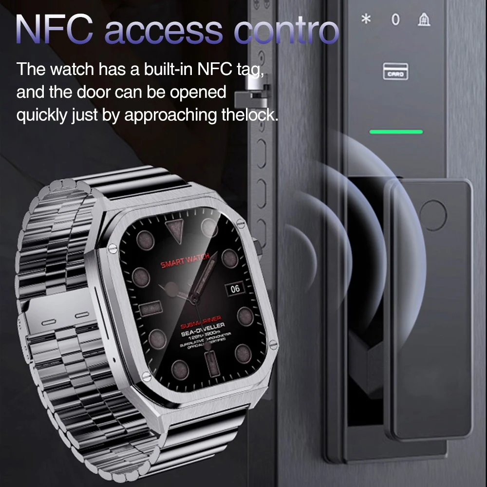 男性用スマートウォッチ,1.96インチ,ブルーの防水スマートウォッチ,通話,スポーツ,フィットネス,心拍数,音楽再生,NFC,ファッション,新しい