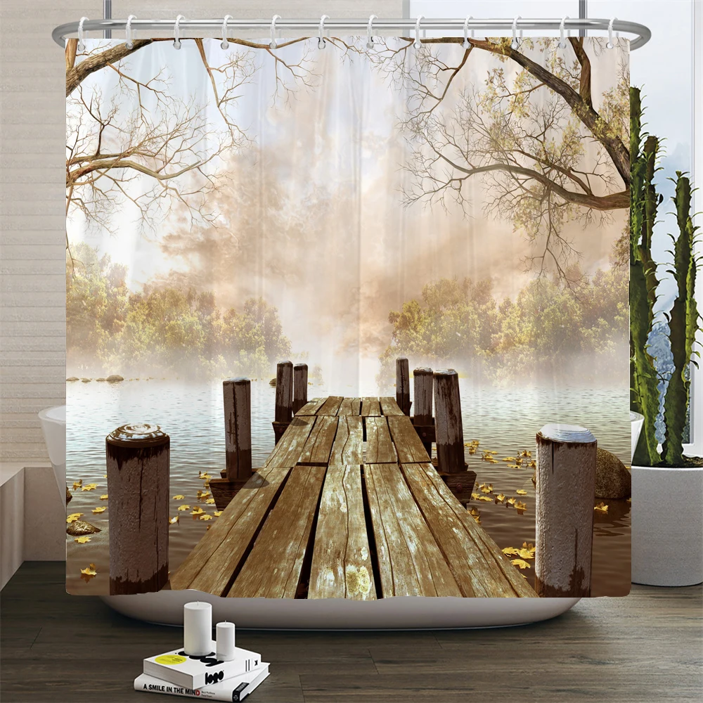 Natural Scenery Shower Curtain Forest Landscape Pier Print Bathroom Curtains Home Bathtub Decor Waterproof Polyester Curtain