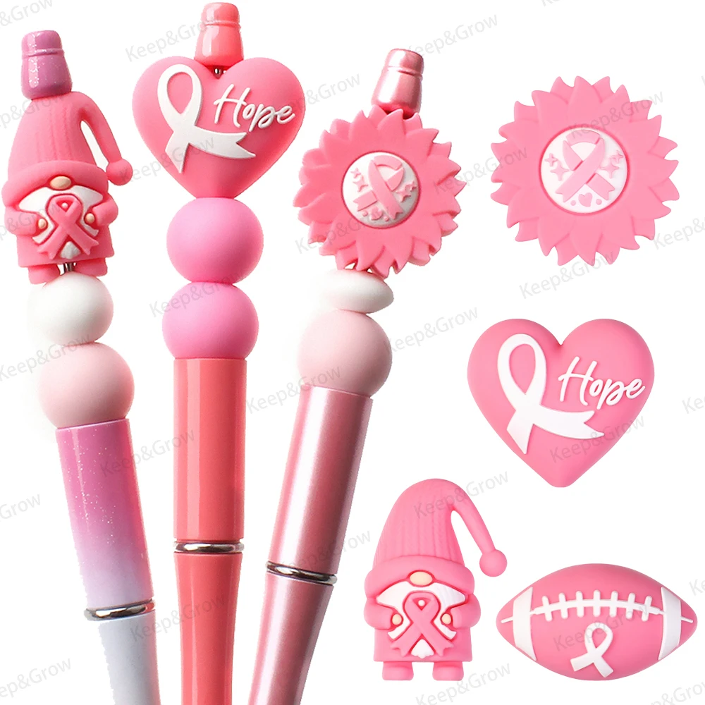 5/20/50Pcs Awareness Month Theme 3D Silicone Beads Cute Pink Heart Gnome Ribbon Daisy Rugby Shape Focal Beads for Jewelry Making
