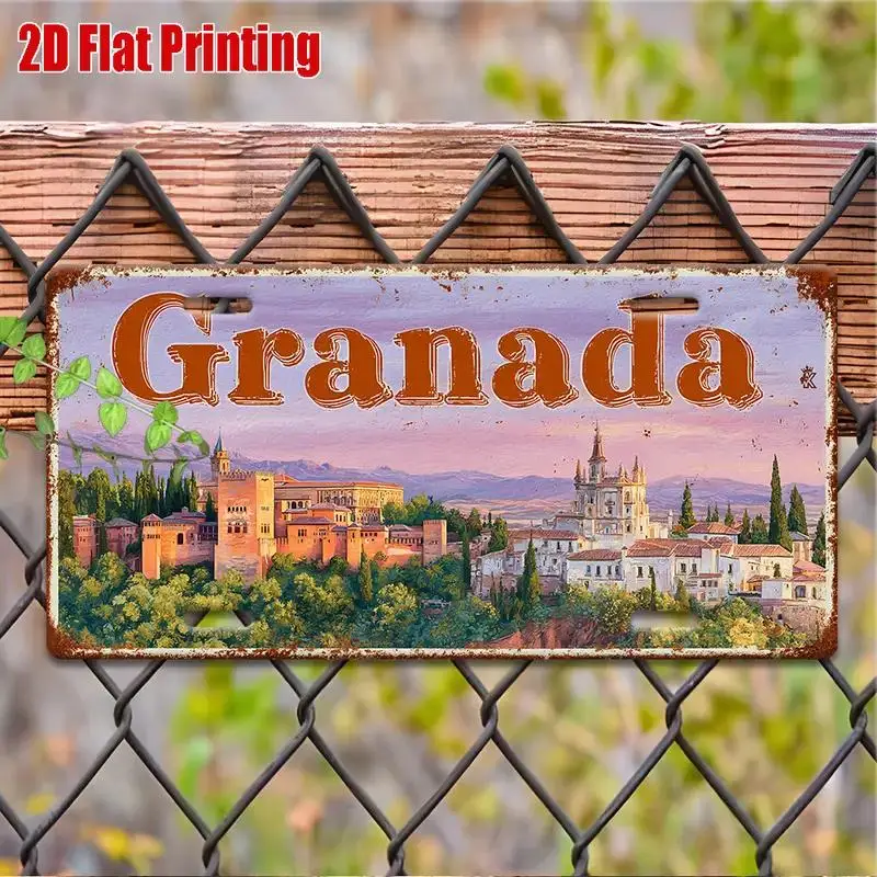 2D Flat, 1 Granada Vintage Metal Tin Sign - 12.0inch X 6.0inch Wall Art, with Spanish Cityscape Design, Rustic Home Decor, Suita