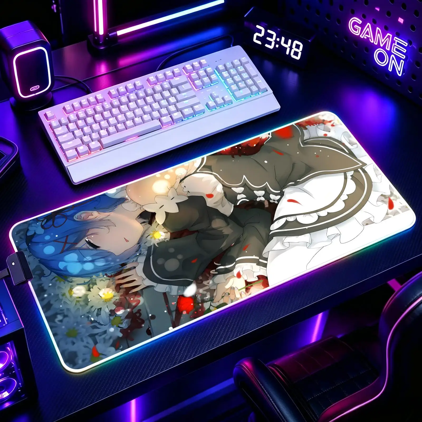 Mouse Pad RGB Color Changing Gaming Mouse Pad, Stitched Edges, XXL Large Keyboard Desk Mat Anime Re Zero Rem