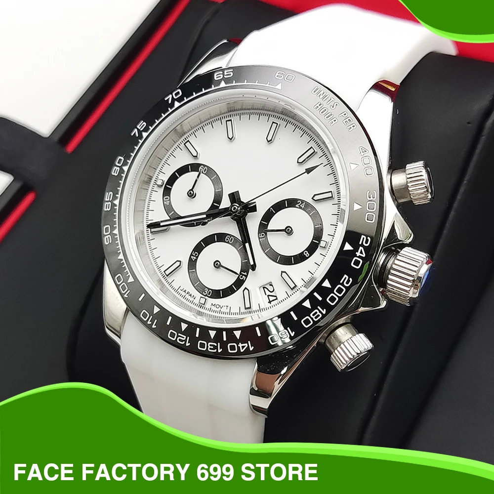 

Luxury Three Eyes Chronograph Panda Aseptic Dial Luminescent Quartz Watch VK63 Calibre Sapphire Glass Men's Watch Waterproof