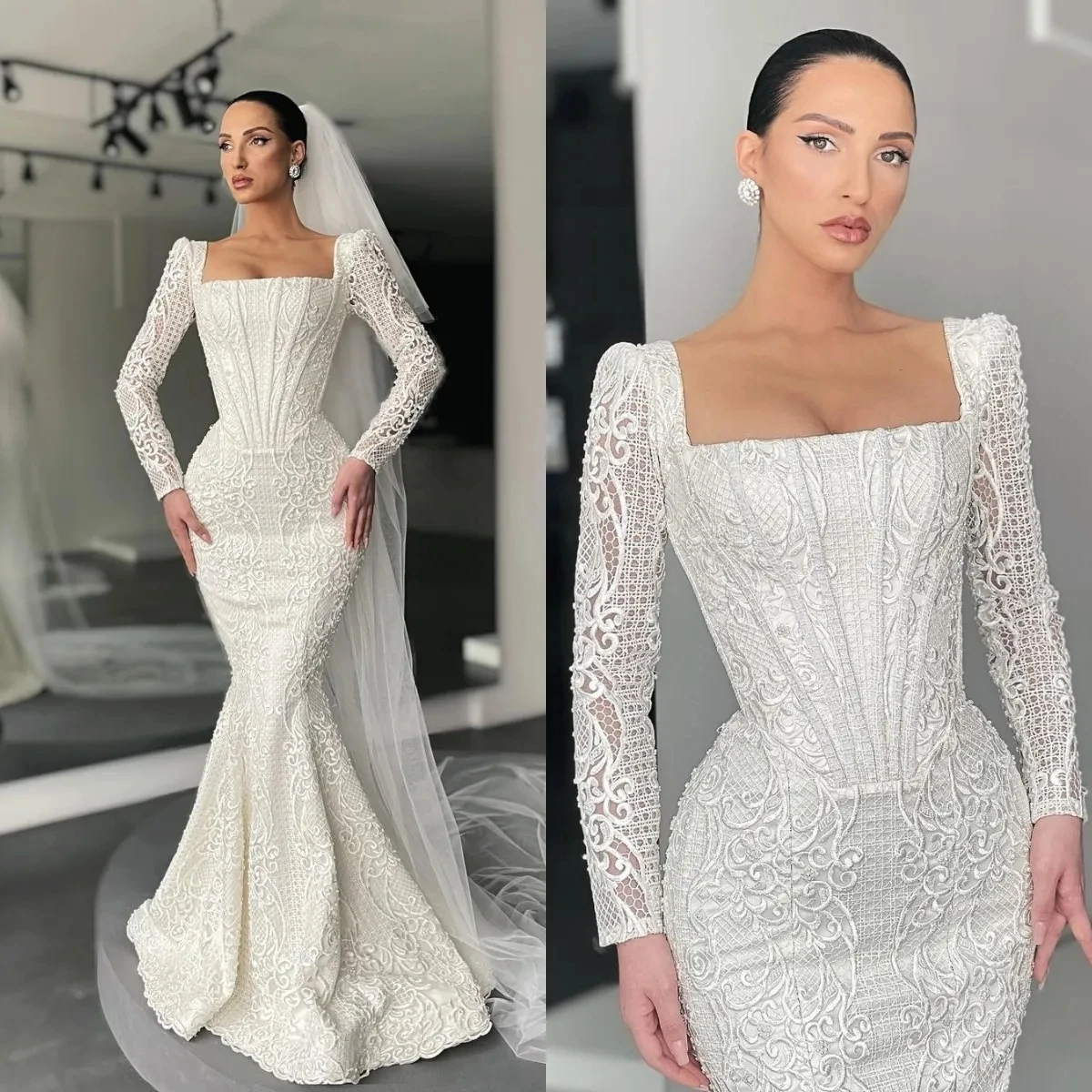 

Elegant Mermaid Wedding Dresses Square Collar Bridal Gowns Simple Long Sleeve Custom Made Vestido De Novia