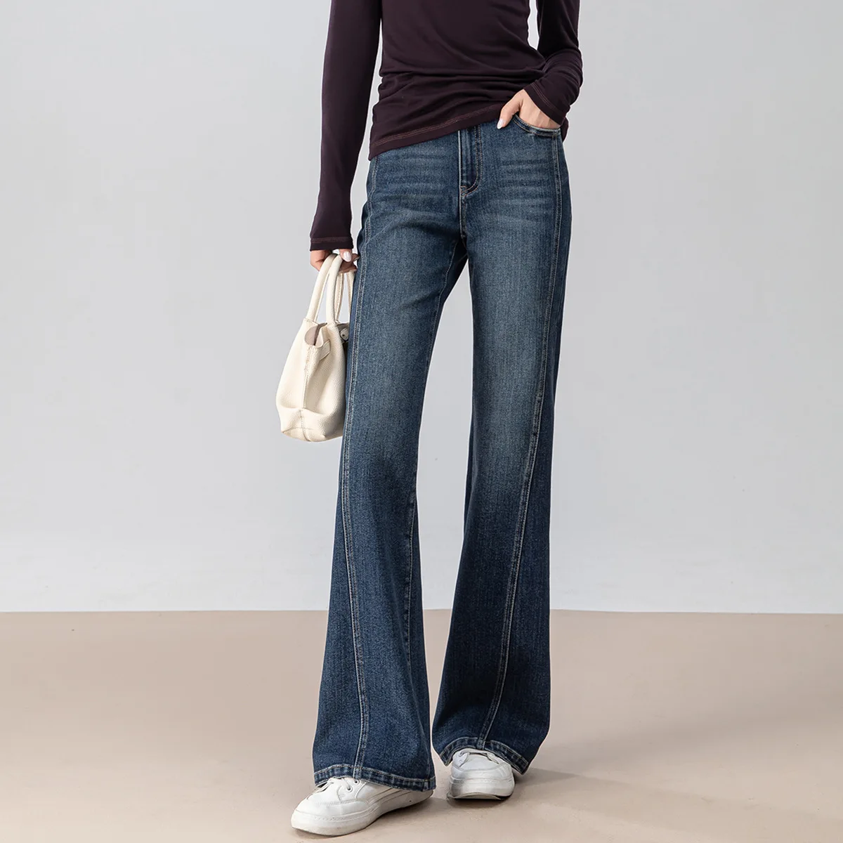 

New Fashion Vintage Women's Casual Trendy High Waist Loose Solid Color Flare Denim Trousers Female Elastic Jeans Pants Clothes