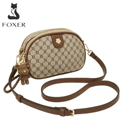 FOXER Monogram Prints Women's Gift Messenger Bag PVC Round Shoulder Bag Female Fashion PU Leather Tow-tier Zipper Crossbody Bags