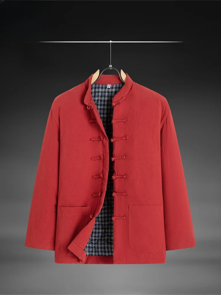 

Утепленная куртка из чистого хлопка с воротником-стойкой для мужчин, в традиционном китайском стиле, с длинными рукавами, осенне-зимнее пальто