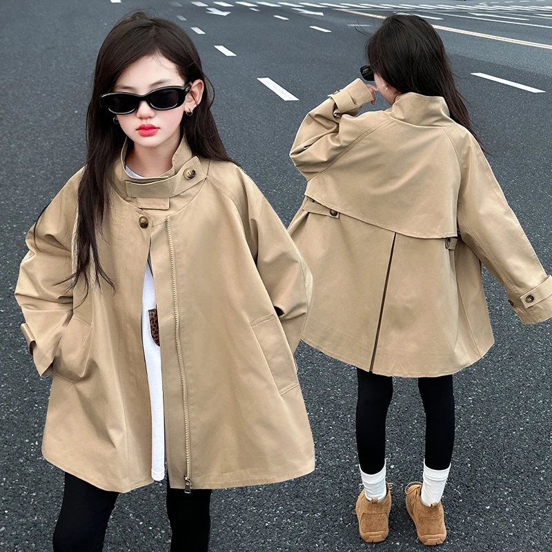 

4-14 Years Girls Autumn Coat Fashion Kids Windbreaker Long Sleeve Khaki Trench Jacket Children Clothing Turtleneck Outerwear