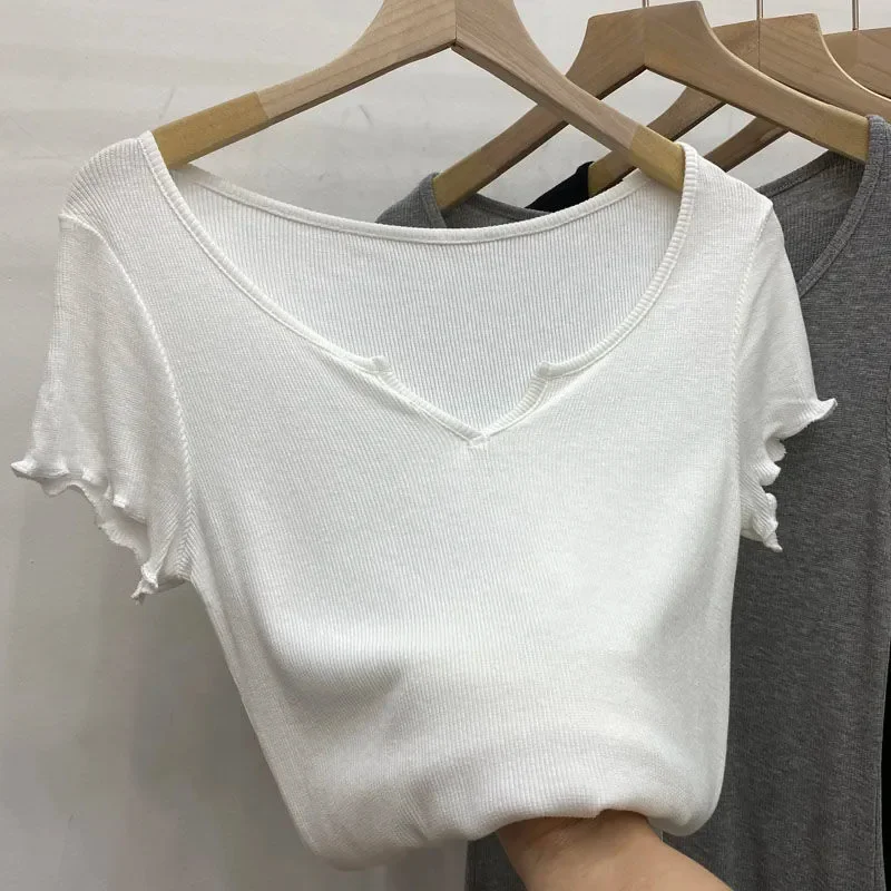 Women's White V-Neck Ribbed T-Shirt Short Ruffled Sleeve Slim Fit Casual Daily Basic Top Multiple Colors