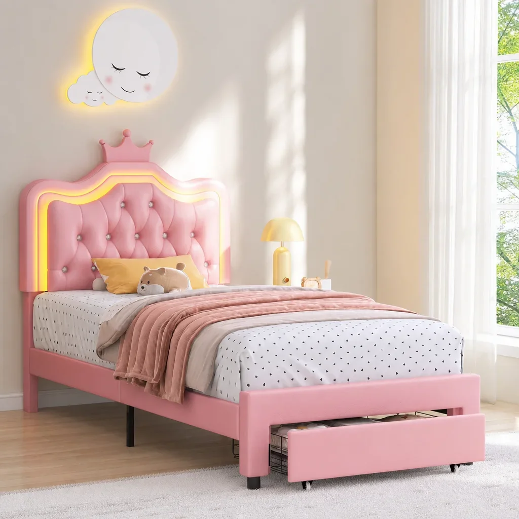 USA Stock Twin Upholstered LED Bed Frame with Storage Drawer, Leather Princess Platform Bed with Adjustable Crystal Button Tufte