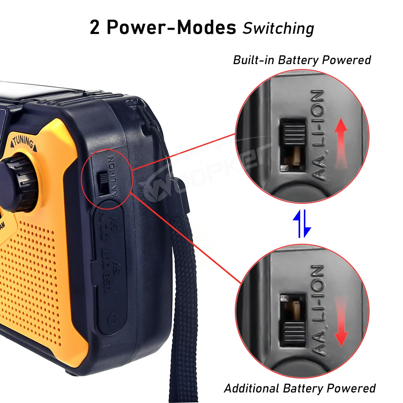 Imagem -03 - Woopker-rádios de Emergência Solar Manivela Tocha Usb Recarregável Lâmpada de Leitura Alarme Sos Power Bank Saída 5v 2a am Rádio fm E09