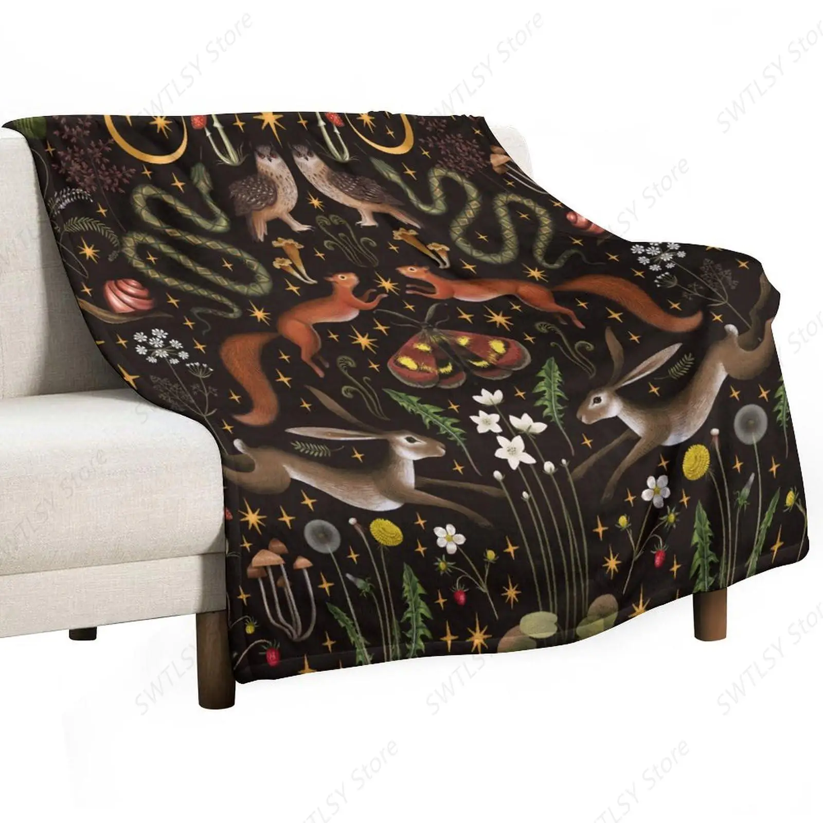 Rustic Forest Throw Blanket, Fairy Tale Forest Land Wild Animals Moths Flowers Moon Star Soft Flannal Blanket for Adult Kids Bed