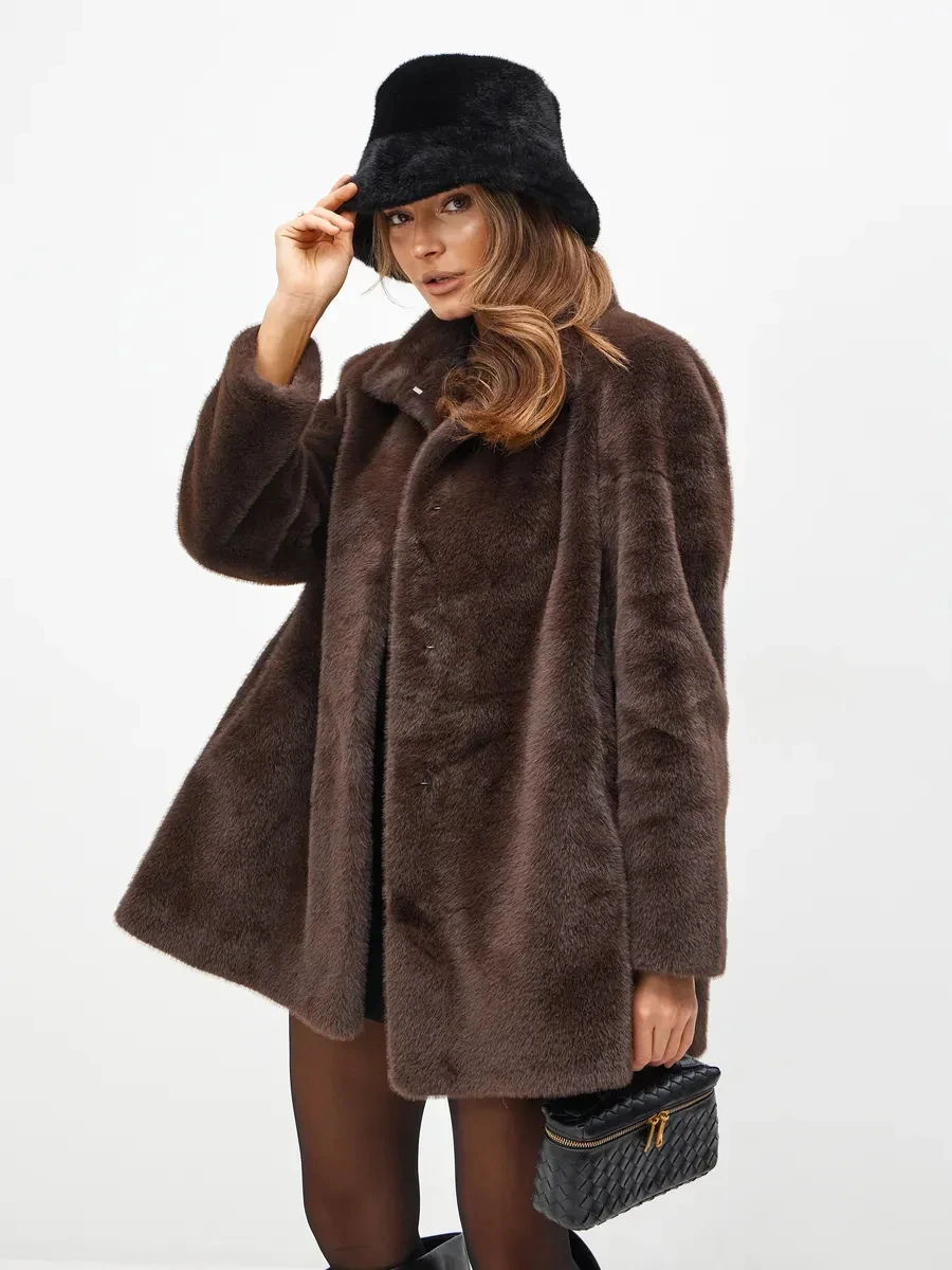2026 Autumn Winter Women Faux Mink Fur Coat High Stand Collar Hidden Snap A Line Mid Length Jacket