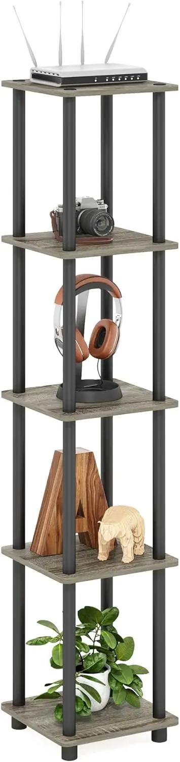 

5-ярусная угловая квадратная полка-витрина, круглая, цвет французский дуб серый/черный - простая сборка, надежное хранение