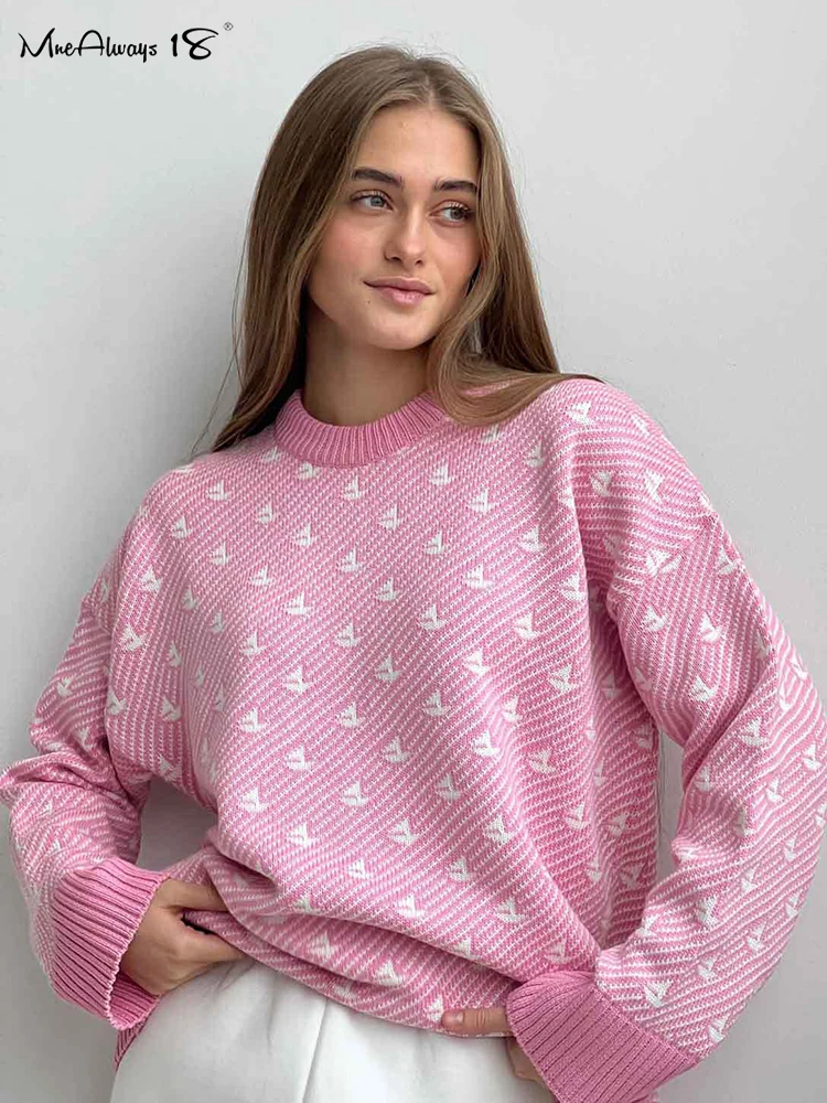 Mnealways18 Fashion Women Printing All-Match Sweater Autumn Winter 2024 Causal O-Neck Knitting Pullover Tops Office Ladies Kint