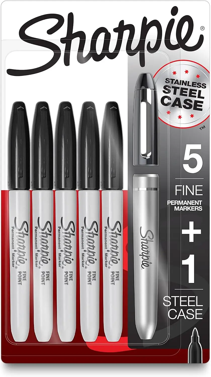 

Fine Point Permanent Markers 6 Pack with Stainless Steel Case, Black Ink, Quick Dry, Water Resistant, for Paper Plastic Metal