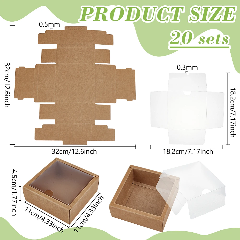 20Pcs Square Paper Boxes with PVC Window 4.33x4.33x1.77 Inch Paper Gift Packaging Box for Wedding Favor Cookies Small Crafts