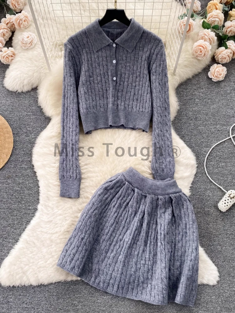 French College Style Sweet Knitted Two Piece Set Women Short Knit Top + High Waist Skirt New Retro Chic Streetwear Solid Suits