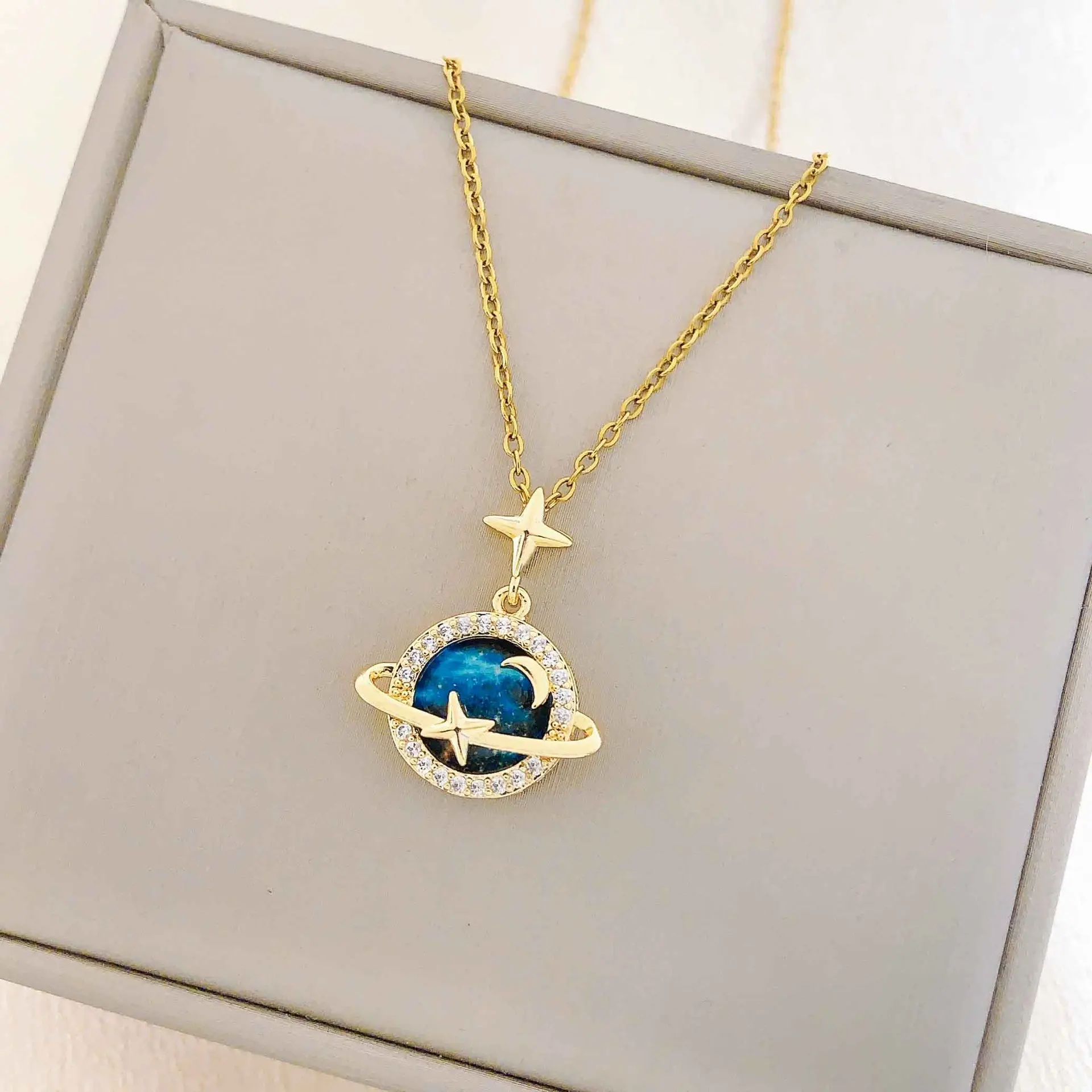 Exquisite Starry Sky Planet Light Luxurious Temperament Gorgeous Necklace Star and Moon Versatile Stainless Steel Clavicle Chain