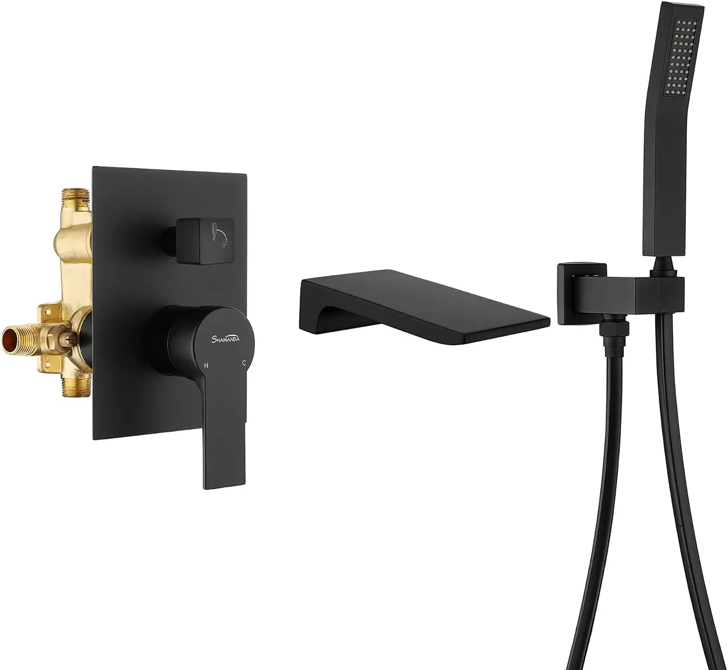 

Waterfall Wall Mounted Bathtub Faucet with Hand Shower, Modern Brass Tub Shower Faucet Set, Matte Black