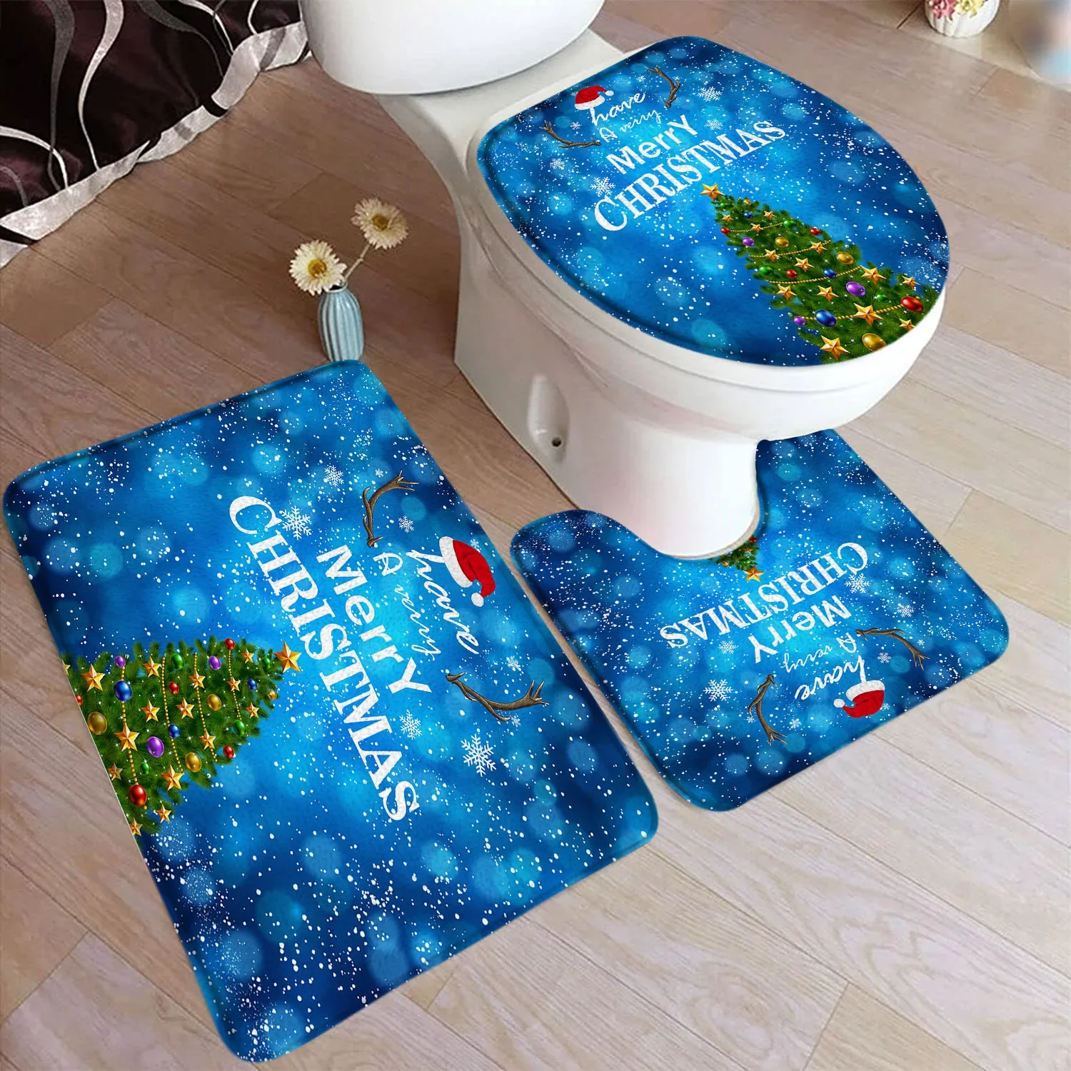 3 pieces Merry Christmas Bath Mat Set Xmas Tree Red Winter New Year Toilet Lid Cover Foot Rug Non-slip Bathroom Accessory Set