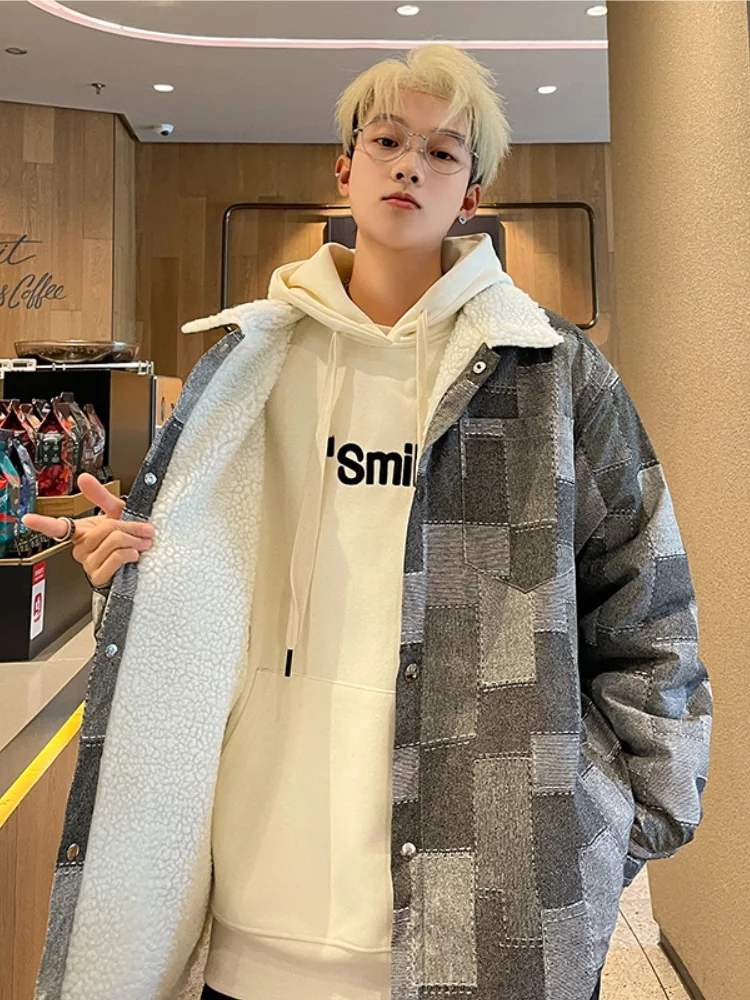 

Retro American Denim Cotton Jaet for Men Winter Thiened Lamb Fur Jaet Teenage Cool Sle Cotton Clothes Warm Casual