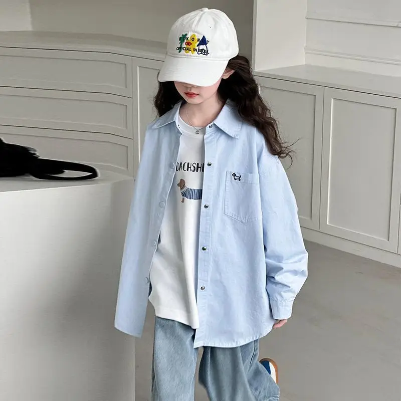 Girls Shirt with Trendy Jacket New Style Medium and Large Childrens Casual Cotton Shirt Dopamine Single Layer