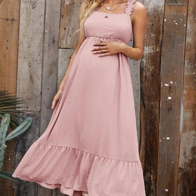 Summer Women's Comfortable Maxi Swing Strap Dress With Butterfly Bow Tie Ruffles Seamless Breathable Pregnant Women Skirt