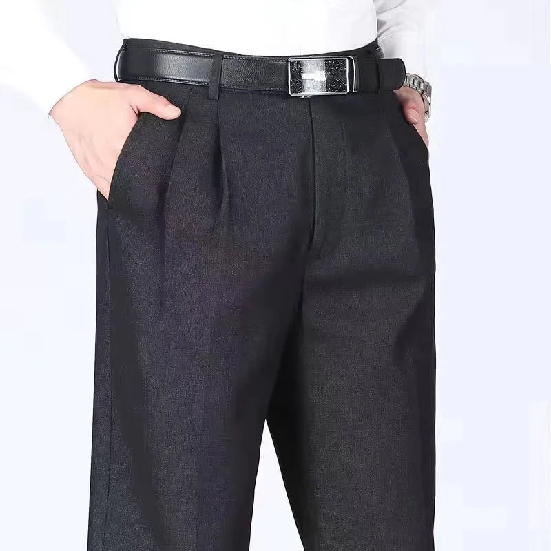 Autumn and Winter Middle-aged Elderly Men\'s Loose Solid Color High Waisted Button Pockets Ruched Straight Plus Size Suit Pants