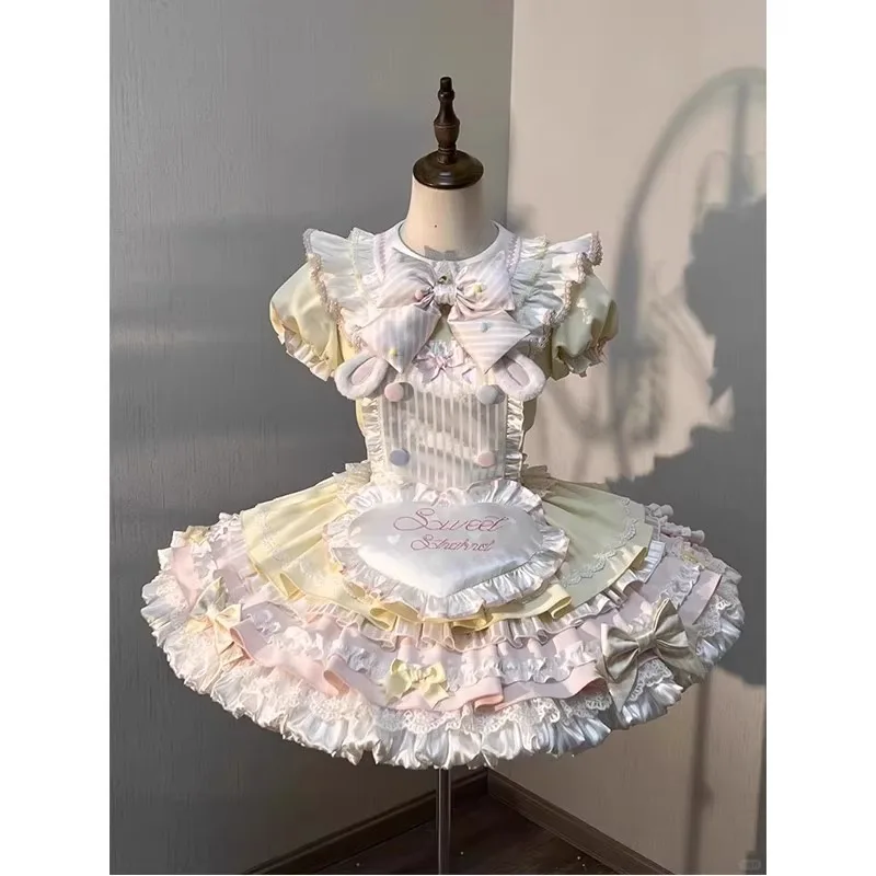 

Cute Rabbit Ear Lolita Skirt Pink Cake Theme Doll Sensation Princess Dress Daily Fashion High Waist Bubble Sleeve Short Dress